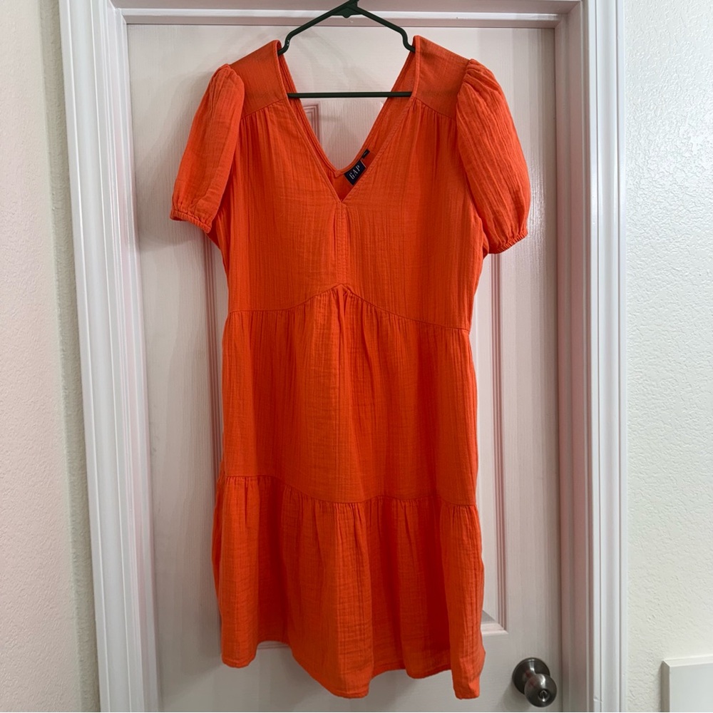 GAP Dress Size Large Gauze Tiered Short Sleeve  Orange Pockets Crinkled L NWT